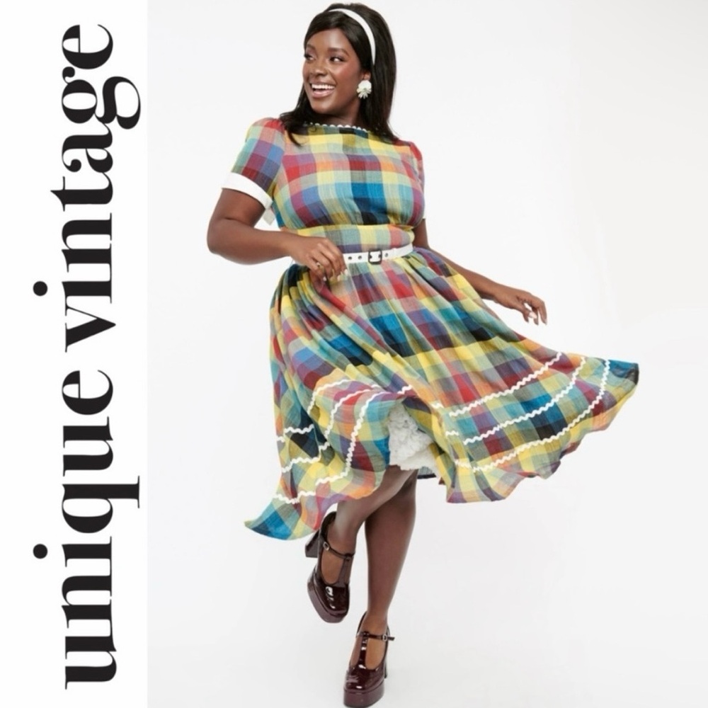 Unique Vintage Multicolor Plaid Midi Dress